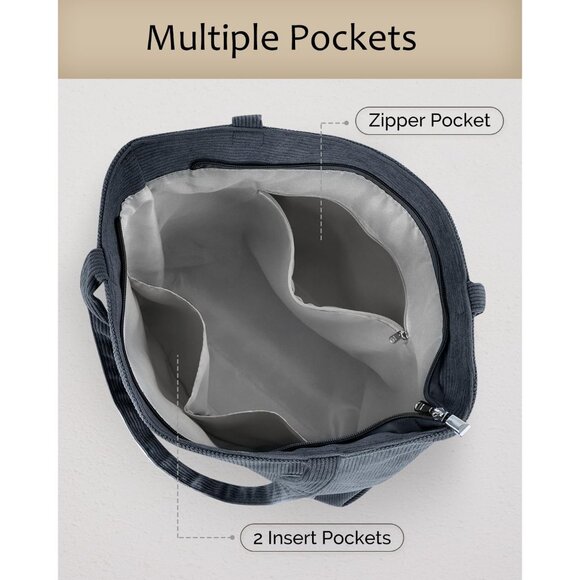 Women Grey Corduroy Large Shoulder Tote Shopping Bag with Zipper and Pockets - Picture 4 of 13